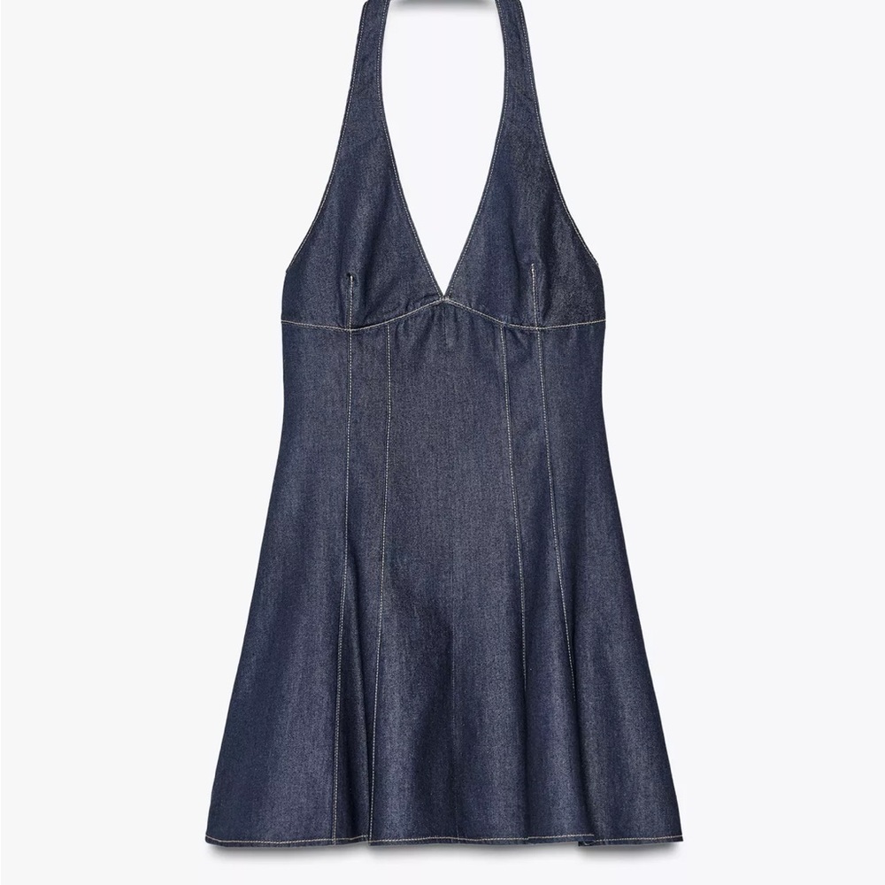 ZARA stretch Denim flared halter mini dress. Size Large. This summer season.